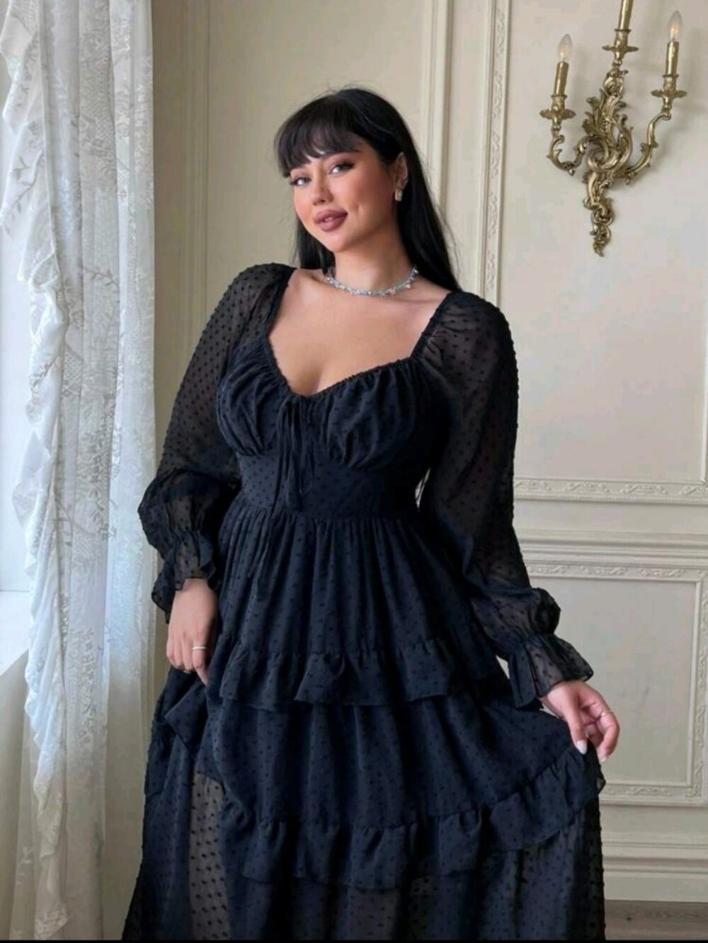 Black Swiss Dot Tiered Maxi Dress with Sweetheart Neckline